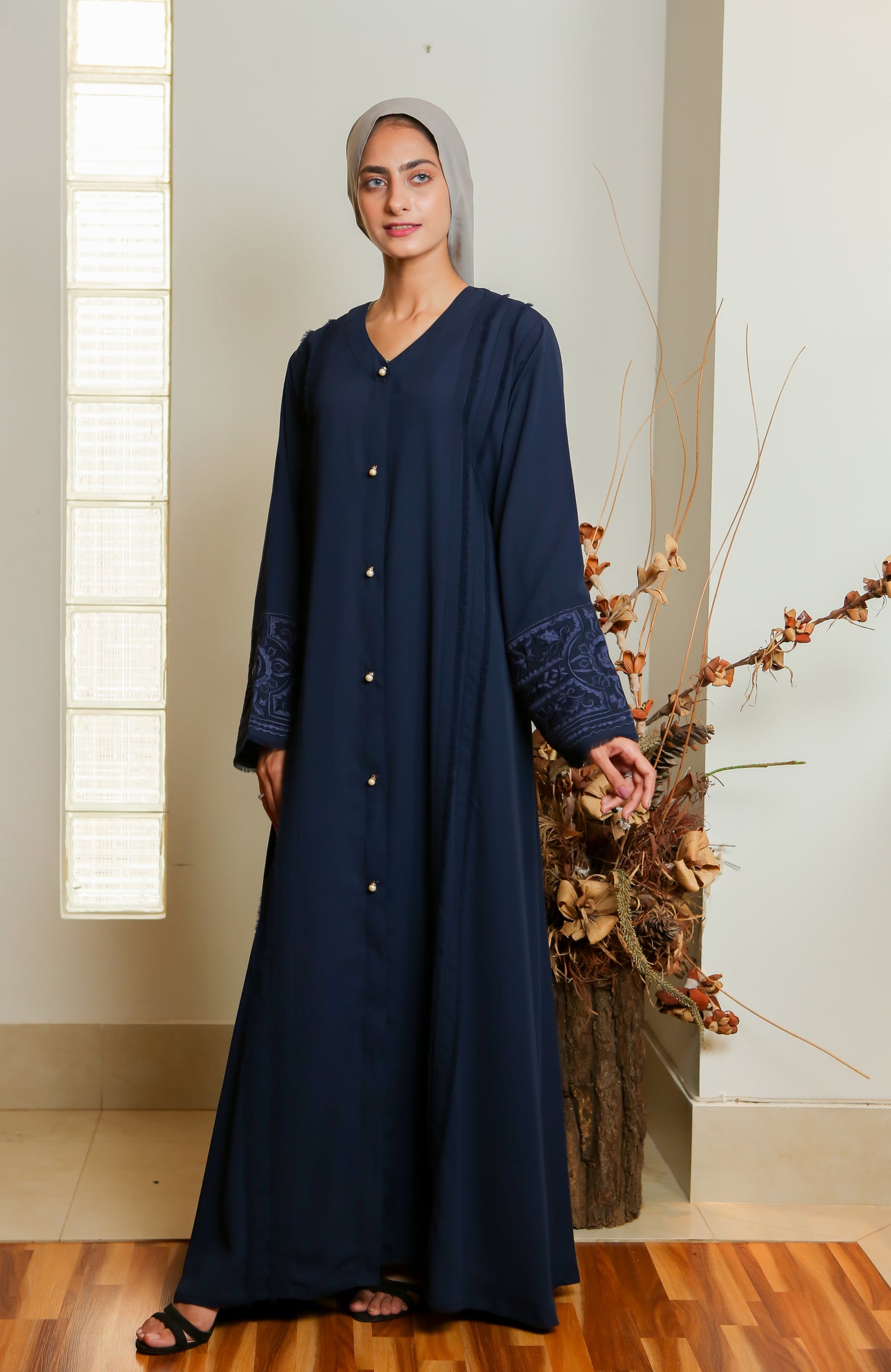 Navy blue embroidered abaya